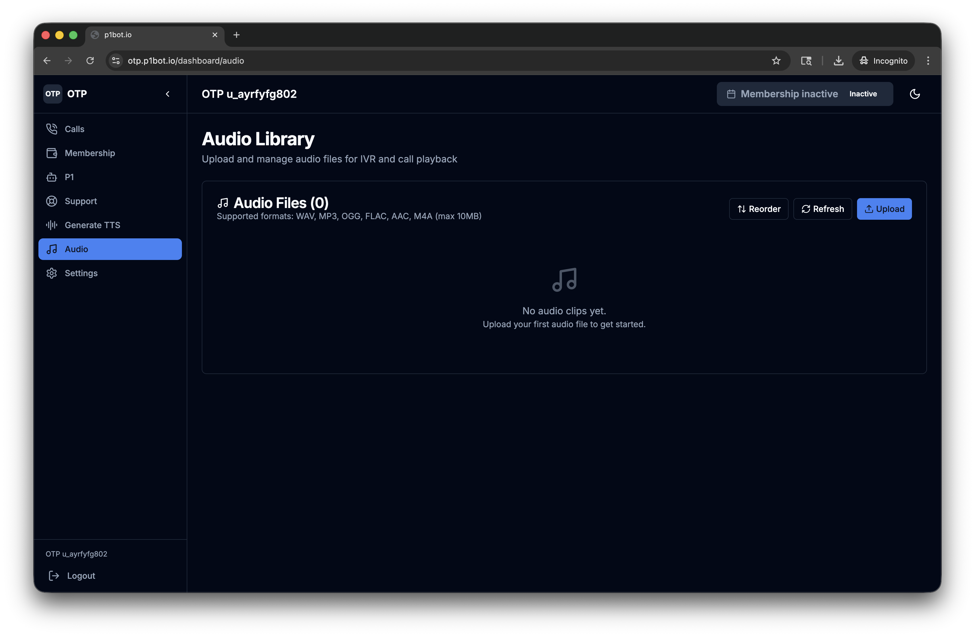 p1bot Audio Library page showing file management for IVR playback