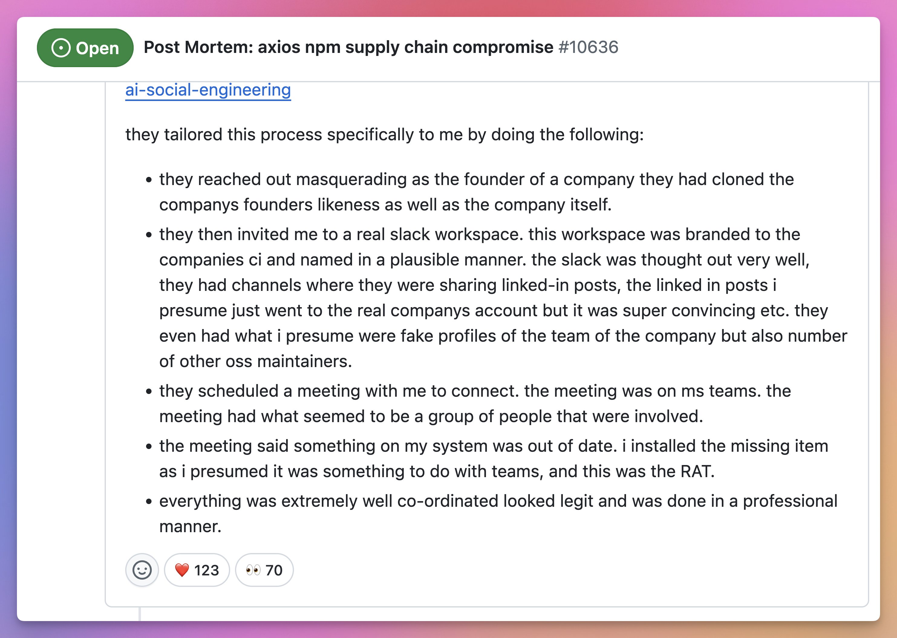 Screenshot of the axios post-mortem on GitHub, where maintainer Jason Saayman details the multi-stage social engineering attack used to compromise his account