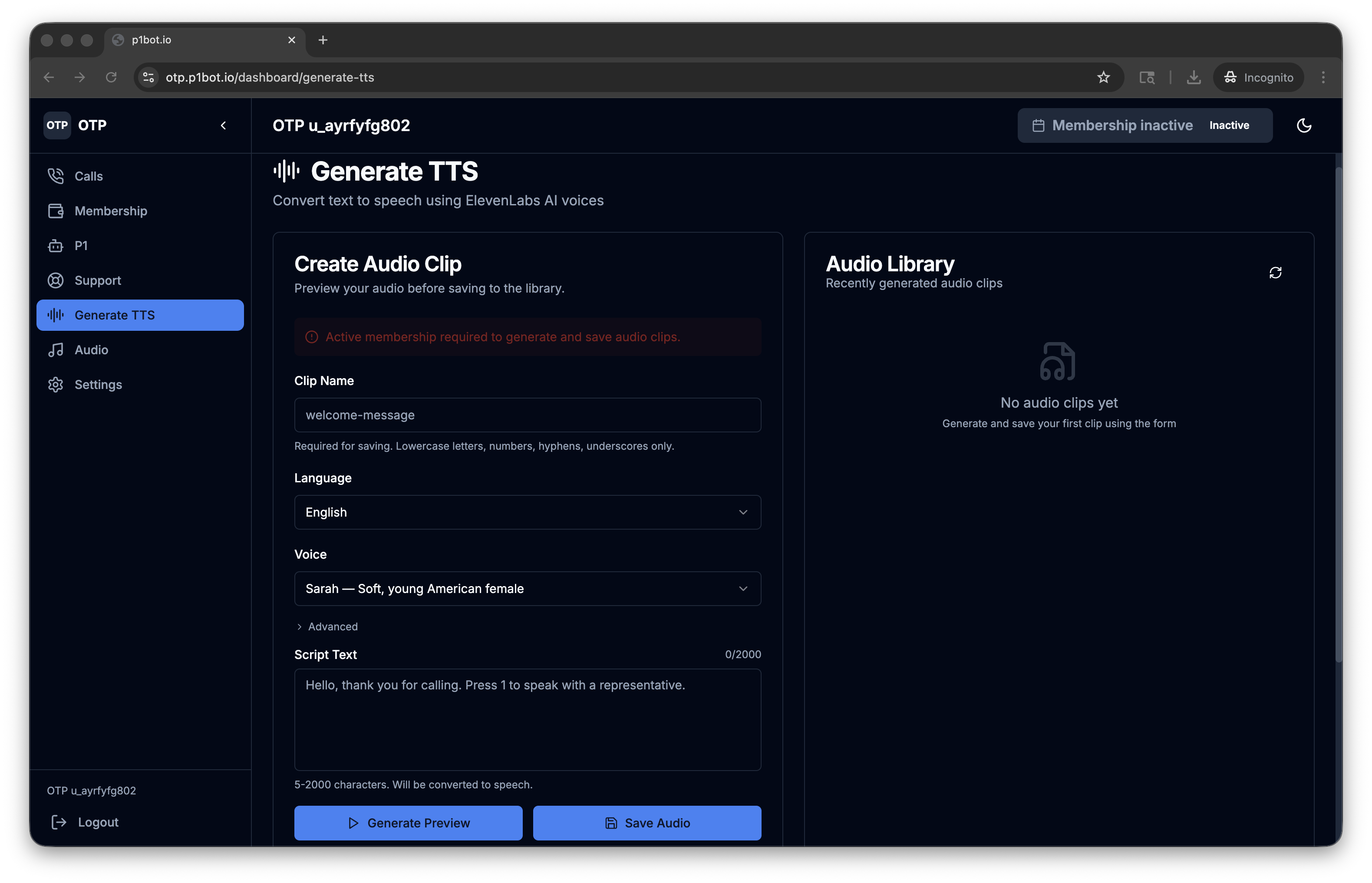 p1bot Generate TTS page showing ElevenLabs integration with voice selection and script text